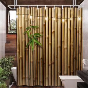 Bamboo Shower Curtain, Japanese 3D Shower Curtain Set for Bathroom, Nature Zen with Lights Fabric Shower Curtain Restroom Bathtub Decor Accessories with Hooks 72X 72 inch (Brown-02)