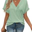 Women's T-shirts V Neck Short Sleeve Tee Solid Color Blouse Loose Fit 2025 Summer Casual Tops, Light Green, L