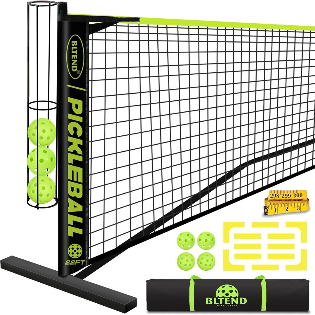 Bltend Pickleball Set - 22FT Regulation Size Portable Net, 4 Pickle Balls, Court Marker, Carry Bag and Tape Measure - Indoor Outdoor Driveway Gifts