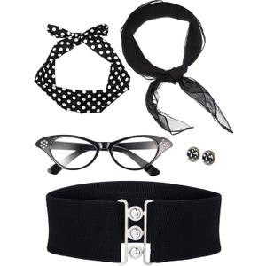 Zhanmai 1950's Costume Accessories for Women 50s Scarf Polka Dot Headband Earring Cat Eye Glasses Waistband (Black)