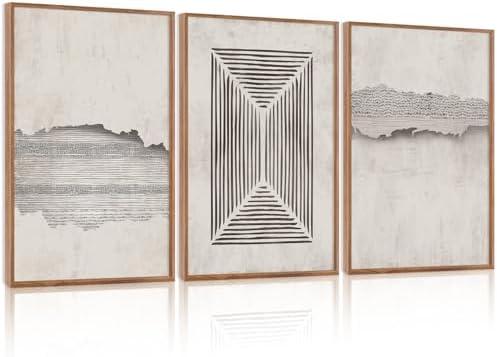 CHDITB Abstract Minimalist Framed Canvas Wall Art Set Of 3, Modern Mid Century Wall Decor, Geometric Line Textured Inspired Artwork, Neutral Art Print For Living Room Office Bedroom Decor (12X16 Inch)
