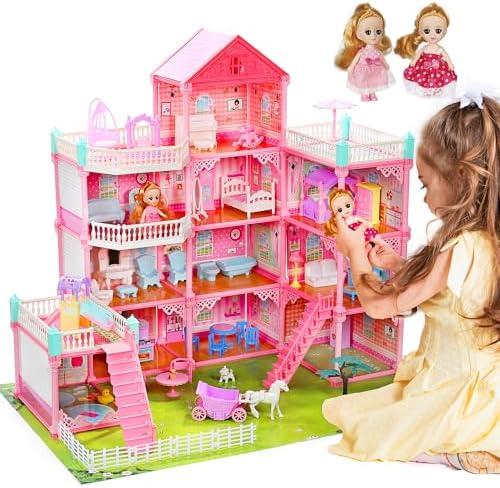 Huge Dollhouse for Girls–Large Pretend Play Doll House for Kids with Lights, Furniture & Accessories