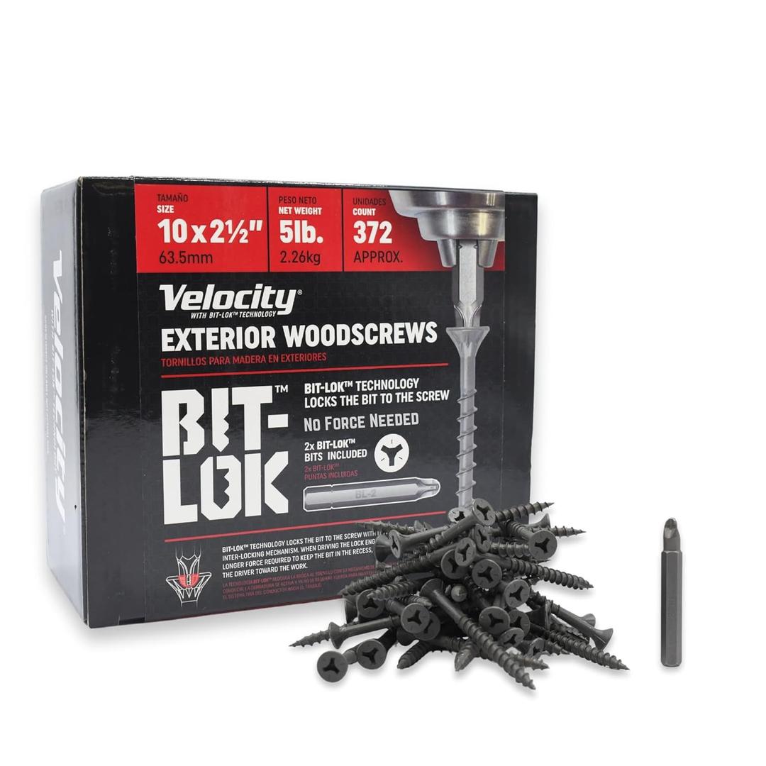 Velocity 2 1/2" Exterior Wood Screws (Size #10) BIT-LOK Technology Zero Force to Install Construction Screws, Organic Grey Rust Resistant Coating, Wood Repair Kit with Bit-Lok Drive Bit, 5lb Box