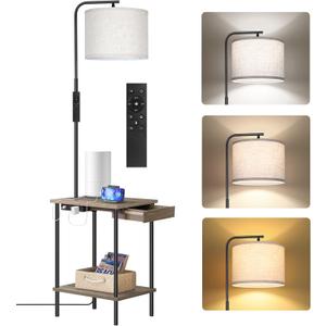 OUTON Floor Lamp with Table, End Table with Lamp Attached for Bedroom, Type C Charging Port, AC Outlet, Side Table with Lamp for Living Room, Nightstand with Drawer, Dimmer & 4 Color Temperature