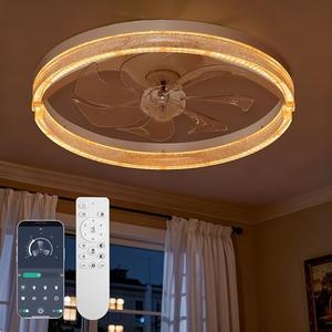 Qewoce Ceiling Fans with Lights and Remote, 19" Flush Mount Low Profile Ceiling Fan, 3-Color Dimmable LED Fandelier, 6-Speed Reversible Ceiling Fan for Living Room, Bedroom & Kids Room (F003, White)