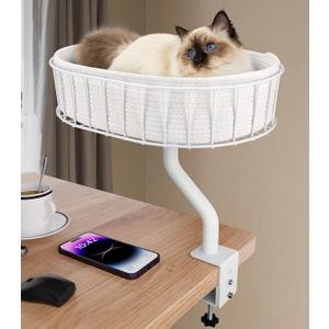 Cat Desk Bed - Sturdy Cat Bed for Desk Support 45lbs,Indoor Desktop Cats Beds for Tables Game Office Desks Attachment,17"x13" Removable Cotton Cats Nest,Heavy-Duty Metal Frame and Clamp (White)