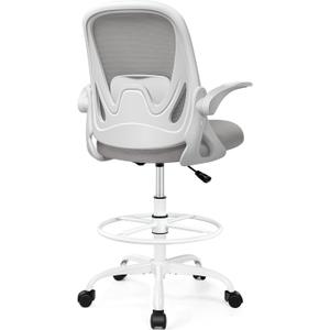 Drafting Chair Tall Office Chair with Flip-up Armrests, Adjustable Height, and Enhanced Lumbar Support - Ergonomic Rolling Stool, Back Support, and Adjustable Foot Rest Ring for Standing Desk Gray (934W-Z, Grey)