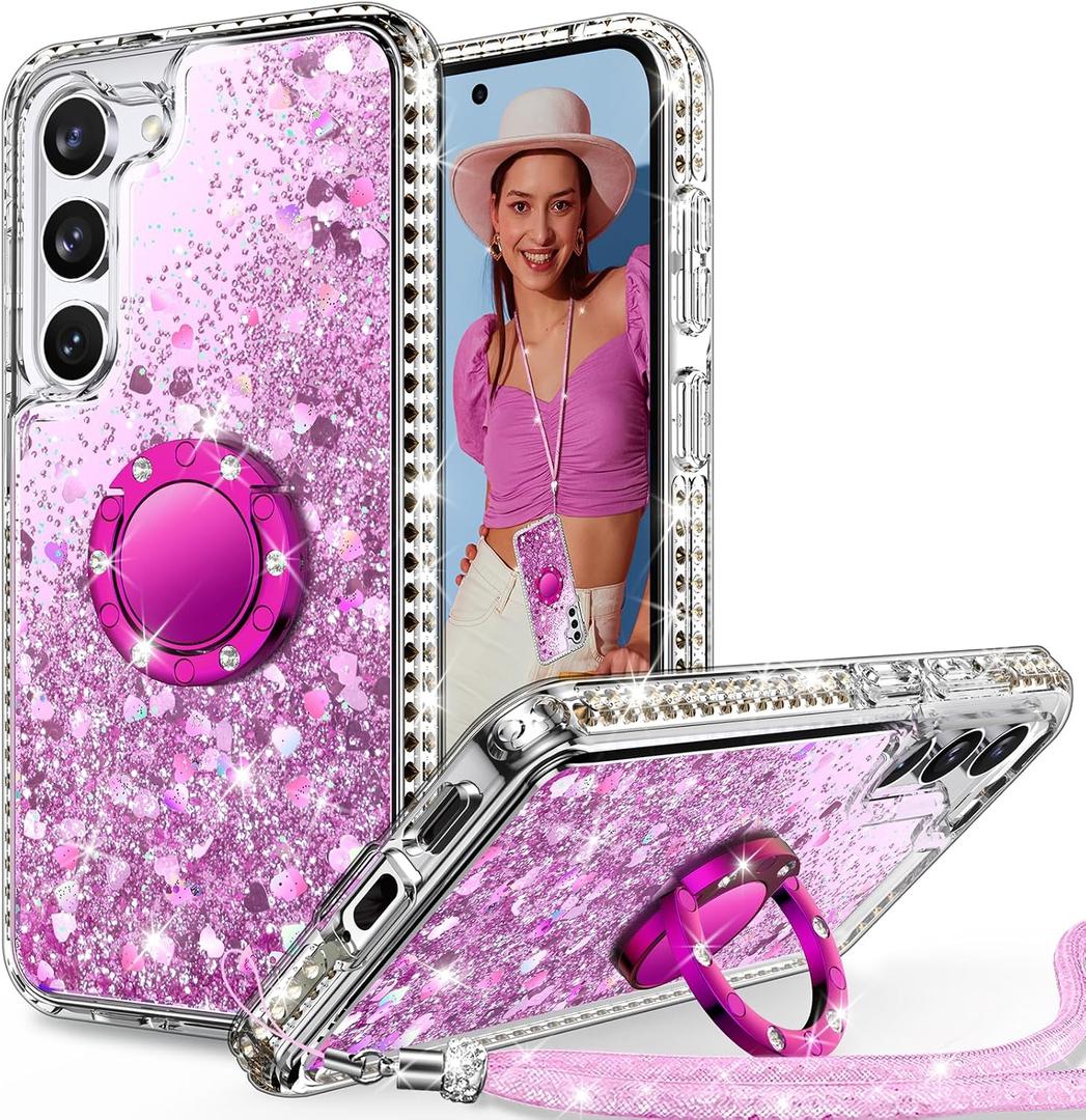 for Samsung Galaxy S23 Case with Ring, Glitter Bling Phone Cover with Stand & Lanyard, Women Girls Luxury Rhinestone Sparkle Protective Case for Galaxy S23, Clear Pink