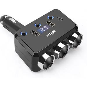 Cigarette Lighter Splitter, 12V/24V Vehicles Adapter Charger with QC 3.0A Dual USB and PD Type-C, Cigarette Lighter Adapter with LED Voltage Display and Independent Switch