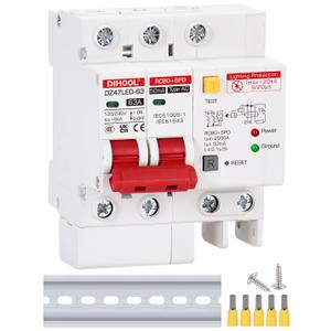 DIHOOL Ground Fault Circuit Breaker with Voltage Surge Arrester Protection, 63 Amp, 2 Poles, AC 120V-240V, DIN Rail Mount Residual Current Circuit Breaker