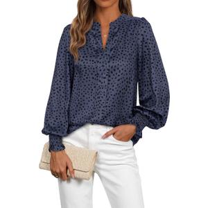 MASCOMODA Womens Boho Floral Long Sleeve Tops Fall Fashion 2025 V Neck Loose Chiffon Work Blouses Dressy Casual Ruffle Shirts (Large, Floral Grey Blue)