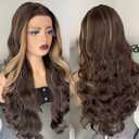 Honey Brown Synthetic Lace Wig With Baby Hair Balayage Brown Glueless Middle Part HD Lace Ombre Wig For Women (26 Inch)