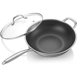 12.5-Inch Hybrid Stainless Steel Wok Pan with Lid, Laser-Textured Nonstick Stir Fry Pan, PFOA-Free, Induction Compatible, Oven & Dishwasher Safe for All Cooktops