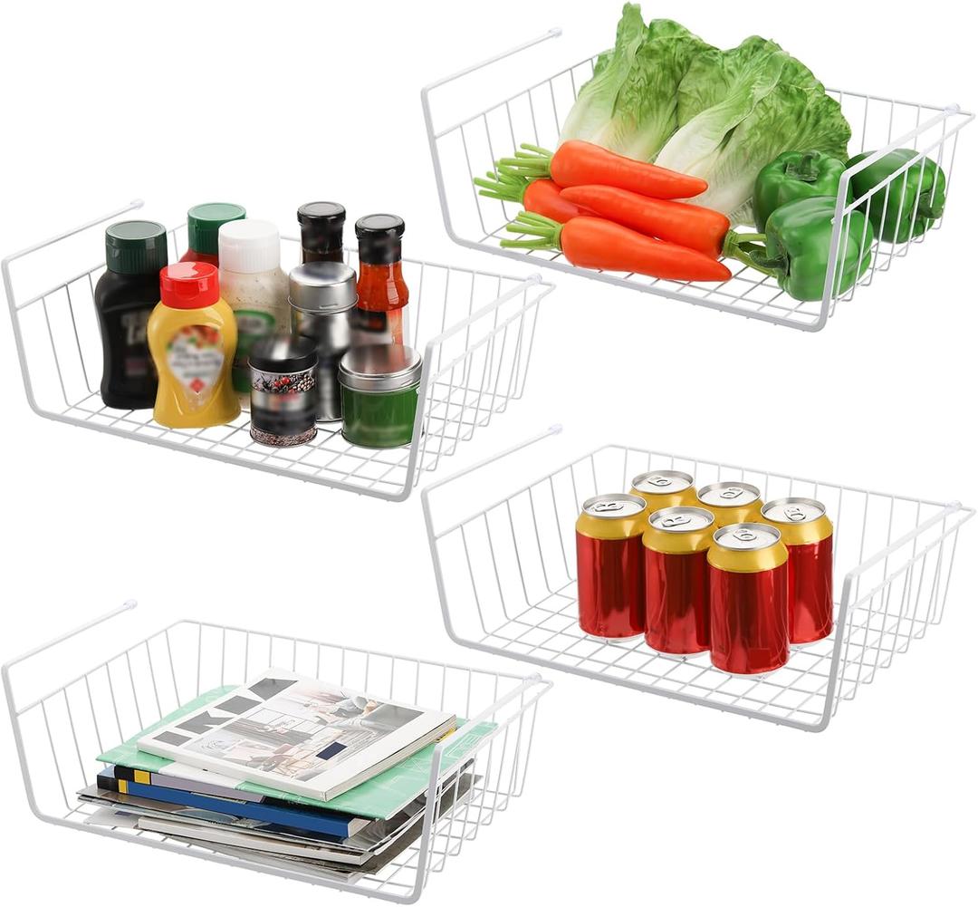 Tebery 4 Pack White Under Shelf Wire Basket Hanging Storage Baskets, Under Cabinet Add-on Storage Racks Slide-in Baskets Organizer for Kitchen Pantry Desk Bookshelf
