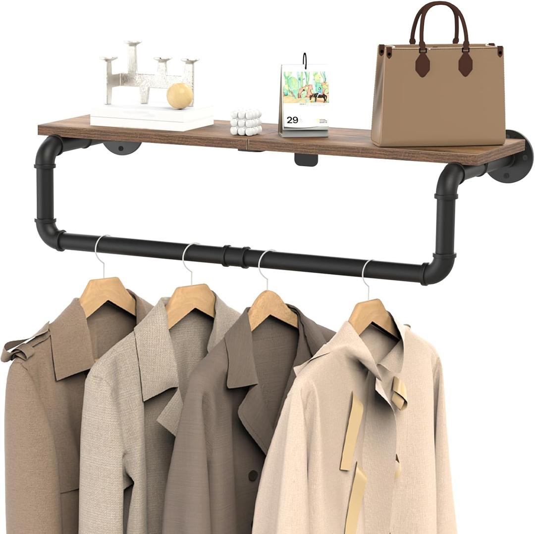 Industrial Pipe Clothes Rack, Wall Mounted Garment Rack, Heavy Duty Iron Shelf with Hanging Rod for Hanging Clothes, 41.3x10.2x5.9 Inch, Black