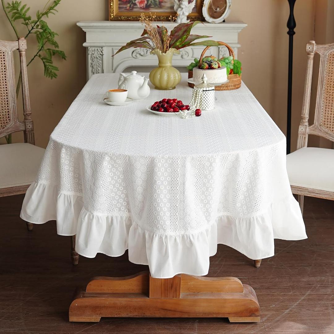 White Cotton Tablecloth Ruffled Lace Embroidered Fabric Tablecloths RusticFrench Washable Table Cover for Indoor Outdoor Home Holiday Party Christmas (White, 52" x 70" (Oval))
