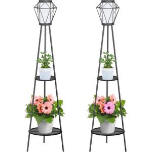 TOOTOO STAR Solar Floor Lamp 2 Piece Set, 48" High Solar Outdoor Lights, with Plant Holder for Garden Patio Deck Porch Outdoor Decoration (48''- Double layers)