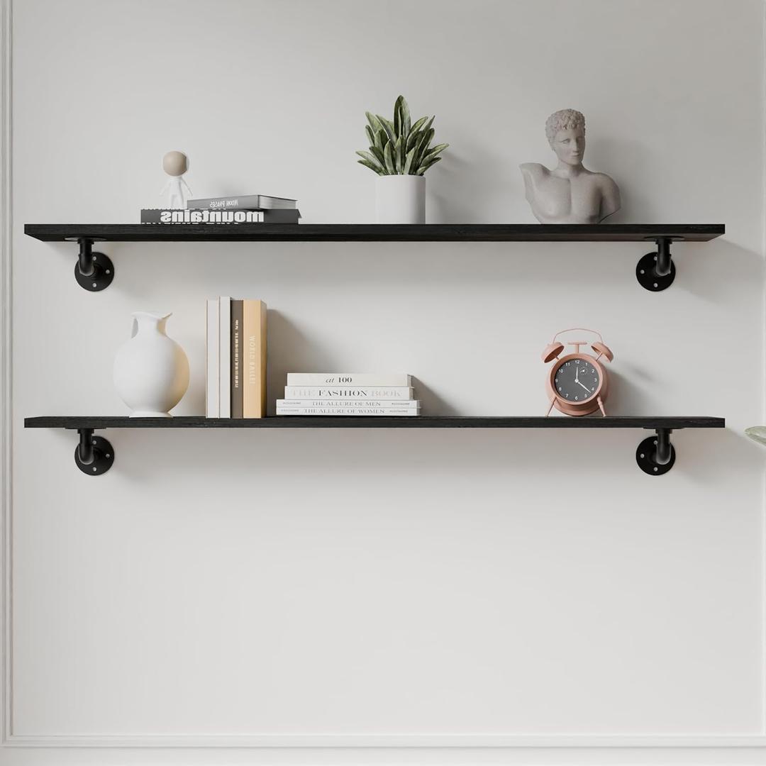 IEO Industrial Pipe Shelving Shelf,Pipe Wall Shelves Wood Shelf:Kitchen Shelves 48 Inches Wood Long Floating Shelves for Wall Farmhouse Pipe Book Shelves Black for Decor and Bar Shelving