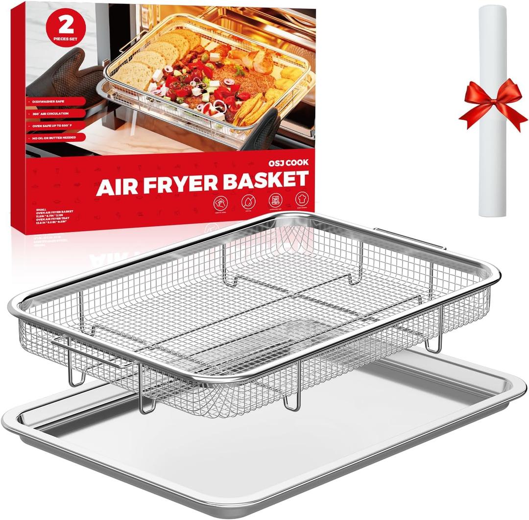 Air Fryer Basket for Oven, Air Fryer Basket and Stainless Steel Baking Tray Pant Oven Air Fryer Pan Rack for Cooking Baking Dishwasher and Broiling (13.1in" * 8.8in" & 12.9" * 9.6")