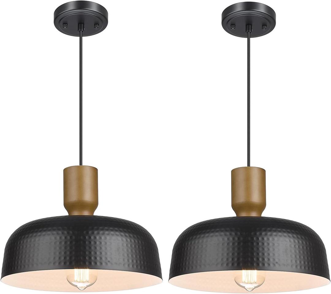 Darkaway Industrial Pendant Light Fixtures Ceiling Hanging with Hammered Metal Shade, Black Pendant Light for Kitchen Island Lighting Hanging Lamp Adjustable Height, Medium 2 Pack