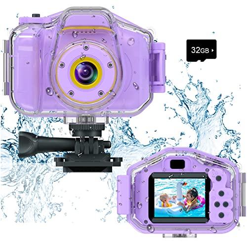 Agoigo Kids Waterproof Camera - Children Underwater HD Video Digital Camcorder, Portable Travel Toy for Toddler - Ideal Christmas Birthday Gifts for Boys Girls Age 3-12 with 32GB Card (Purple)