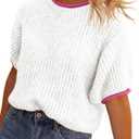 Saodimallsu Womens Puff Short Sleeve Sweater Tops Spring Summer Color Block Ribbed Knit Crew Neck Going Out Shirts (L)