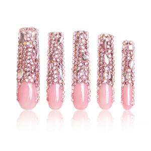LOVFUL Press on Nails Pink French Tip Rhinestone | Handmade with Full Covered Crystals | Reusable Fake Nails | Square Long 2.2 in | H27-M