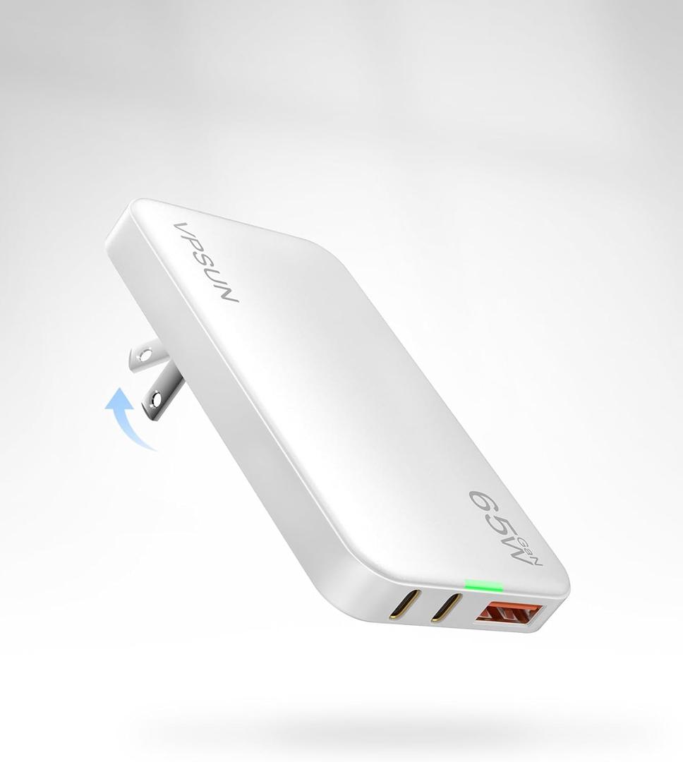 65W GaN USB C Wall Charger Block,3 Port Ultra Thin Flat USB-C Charging Plug,Foldable USB Power Adapter for MacBook,iPhone 15/16,Samsung (White, 65w)
