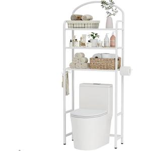 Over The Toilet Storage Rack, 3 Tier Bathroom Organizer with 4 Hooks & Paper Holder, Space Saver Metal Shelf for Bathroom Supplies, White Toilet Rack