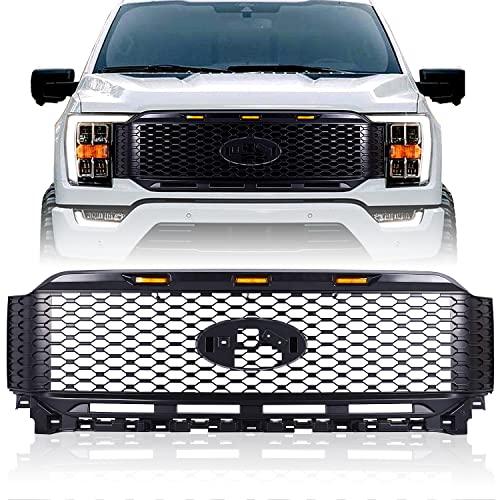 ToxicStorm Mesh Grille Matte Black Front Grill Replacement Compatible for Ford F 150 2021-2022 with 3 Amber LED Lights