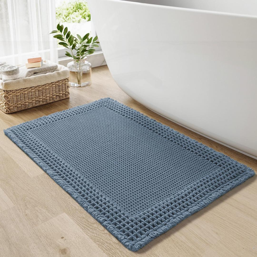 RESARE Waffle Bath Mat - Super Absorbent Non Slip Machine Washable Boho Bath Rugs with Tassels, Upgraded Bordered Design, 17"x24" Blue