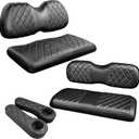 NOKINS 4PCS Golf Cart Front and Rear Diamond Seat Covers and Golf Cart Rear Armrest with Cup Holder Kit (Fits 1-inch Square Tube) for Yamaha/Club Car/EZGO (Black Stitching)