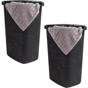 Mind Reader Slim Laundry Hamper with Lid, 60L Clothes Baskets, Premium Wicker Design, Plastic, 2-Pack, Black