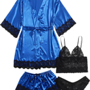 WDIRARA Women' Silk Satin Pajamas Set 4pcs Lingerie Floral Lace Cami Sleepwear with Robe Medium