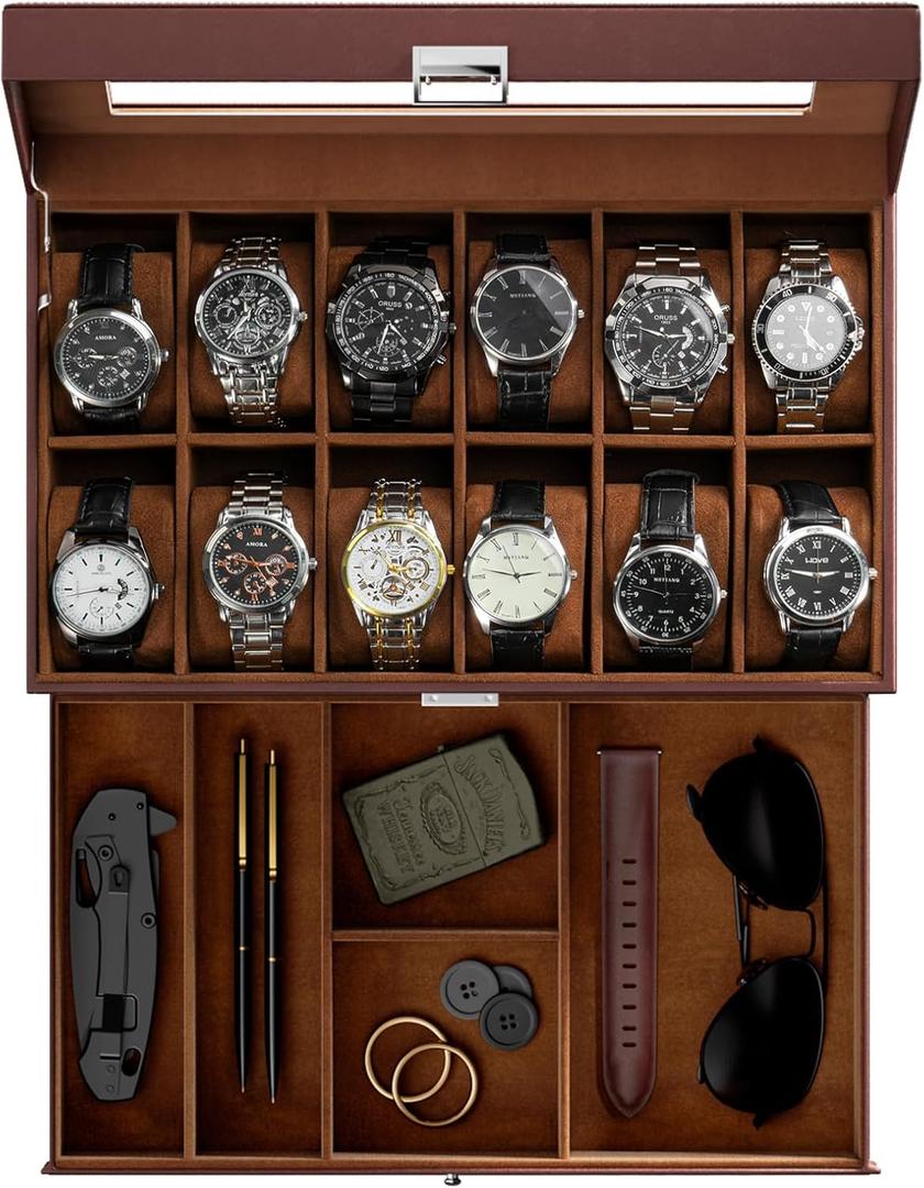 ProCase Watch Box, 12 Slot Mens Watch Case With Drawer, 2-Layer Watch Display Case With Glass Lid, Mens Jewelry Box Storage Holder Organizer, Birthday Valentine Gifts for Men -12Slot, Espresso