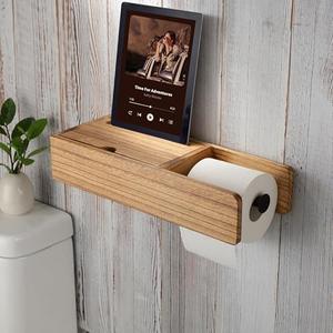 Toilet Paper Holder - Holder Phone & Wipes Holder, Adhesive Toilet Roll Holder Wooden Rustic, Hidden Storage Drawer for Wipes Tampon, Farmhouse Bathroom Decor