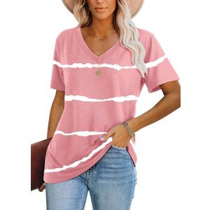 Lunivop Womens Tops Casual V Neck Short Sleeve Solid Color Basic T Shirt (Large, 03 Striped Pink)