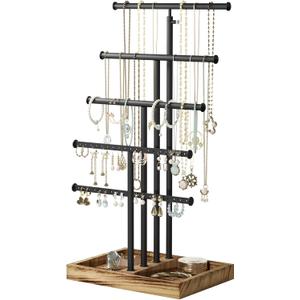 Love-KANKEI Jewelry Organizer Stand, 5 Tier Large Necklace Holder with Wood Base, Jewelry holder stand Tree for Display, Bracelets Earrings Rings, Height Adjustable Gift Carbonized Black & Black