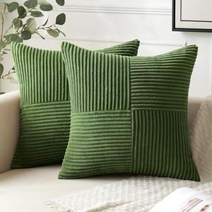 ANRODUO Pack of 2 Forest Green Fall Pillow Covers 18x18 Inch Boho Decorative Spliced Throw Pillow Covers Soft Couch Pillowcases Cross Patchwork Textured Cushion Covers for Sofa Bed Living Room