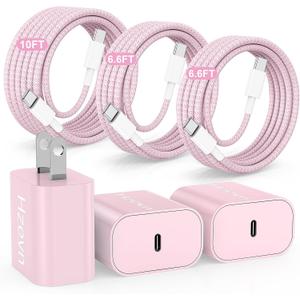 20W USB C Fast Charging for iPhone 17 Air/16/15 Pro Max, 3Pack Colorful Mixed Charger Block with Braided Long USB C to C Cables (6/6/10ft) Compatible with iPhone16/15 Pro/15 Plus/iPad Pro (Pink)