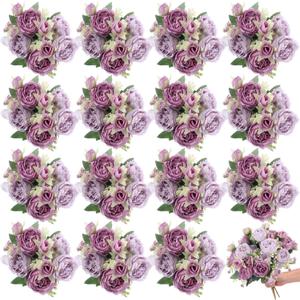 16 Bundles Artificial Peonies Silk Peonies Faux Flower Bouquet Fake Peony Flower Arrangements Table Centerpieces for Vase Wedding Party Boho Home Office Decoration Bulk (Purple)