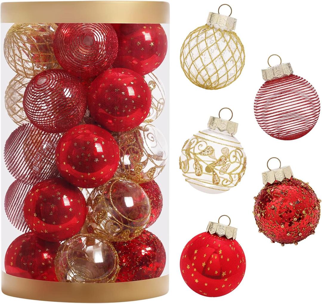 JIALEIXI 25PCS Christmas Ornaments Set, 2.36"/6CM Clear Plastic Shatterproof Christmas Ball Hanging Ornaments for Xmas Tree Decorations, for Indoor Home Party Holiday Decor - Red/Gold.