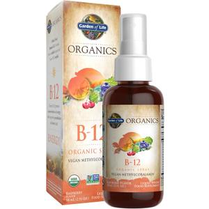 Garden of Life Organics B-12 Spray with Methylcobalamin  Liquid Vitamin Spray for Energy, Metabolism & Heart Health Support, Raspberry Flavor, 2 Fl Oz Bottle, 140 Servings
