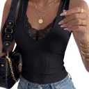 Vrtige Women's Sexy Lace Deep V Neck Sleeveless Blouse Ribbed Knit Slim Fitted Tank Top Black Medium