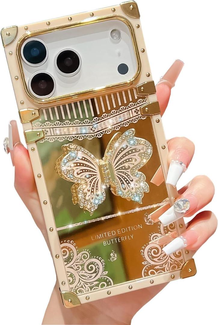 Cute Compatible With iPhone 17 Pro Case, Luxury Bling Butterfly With Foldable Stand Kickstand for Women Girls,Glossy Mirror Shockproof Protective Case for 17 Pro - 6.3(Gold)