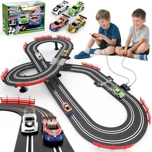 3-in-1 Slot Car Race Track Set with 4 High-Speed Cars, Electric Track, Dual Racing Game with Lap Counter & 2 Controllers, and Circular Overpass Design – Toy Gift for Boys Kids Ages 4-6 6-8 8-12
