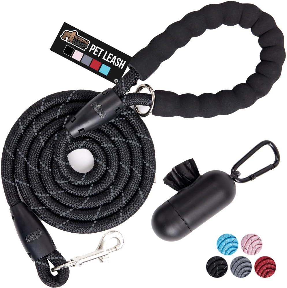 GORILLA GRIP Dog Leash, Heavy Duty Reflective Rope Leashes for Large, Medium, Small Breed Dogs, Puppy Training Essential for Walks, Hikes, Soft Handle, Rotating Metal Clip, Waste Bag Dispenser, Black (6 Feet x 1/2 Inch)