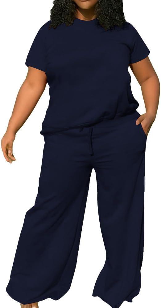 TOPSRANI Womens Plus Size Casual Sweatsuits Lounge Short Sleeve Tracksuit 2 Piece Outfits Baggy Wide Leg Long Pants Sets (Blue, XXXL)