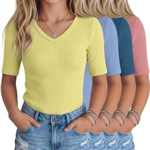 4 Pack Teen Girls T Shirts Kids Summer V Neck Tops Ribbed Basic Cute Tees Short Sleeve Clothes for Tween 5-14 Years