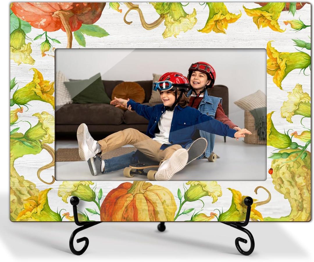 Thanksgiving Pumpkin 4x6 Wooden Photo Frame, Fall Orange Maple Picture Frame with Stand for Fall Gifts Desktop Use, Home Office Desk Decorations, Appreciation Gifts For Dad, Mom, Grandparents-83